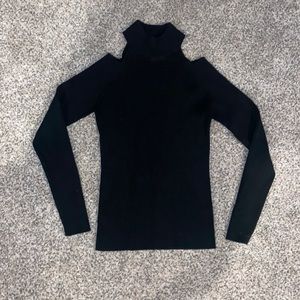 Mock neck, cold shoulder sweater